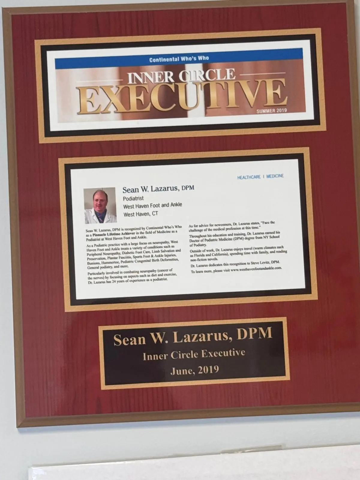Dr. Sean Lazarus award and recognition 2