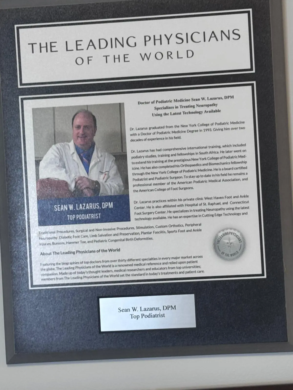 Dr. Sean Lazarus award and recognition 3