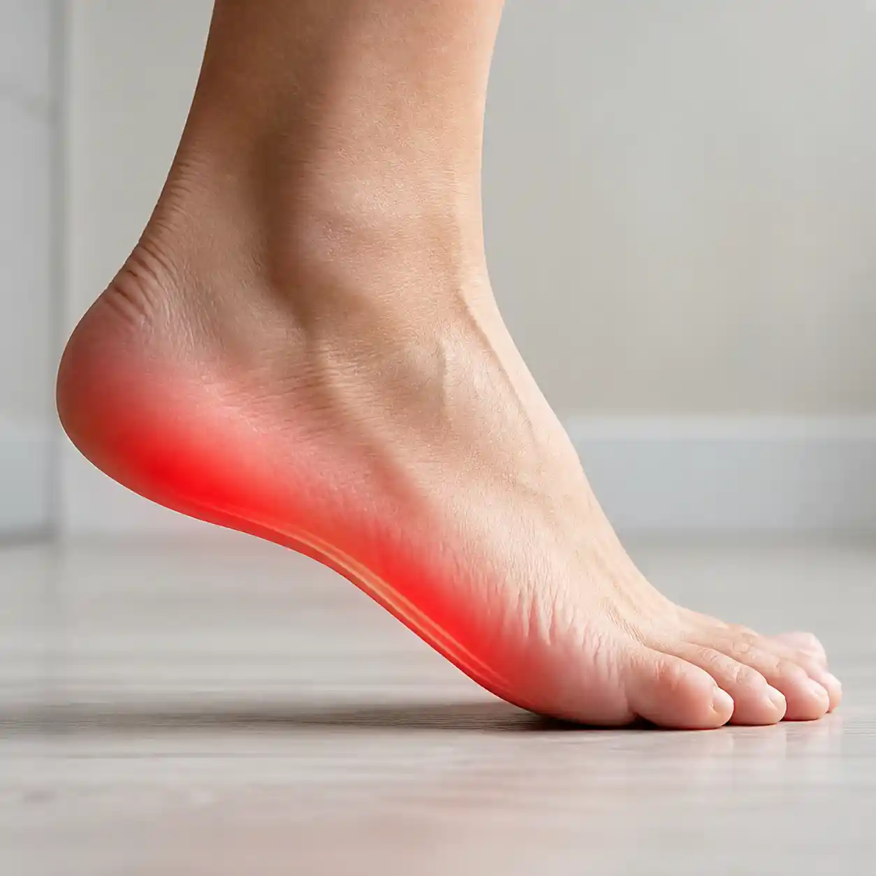 Foot with red pain highlight showing flat feet or high arches as a plantar fasciitis risk factor