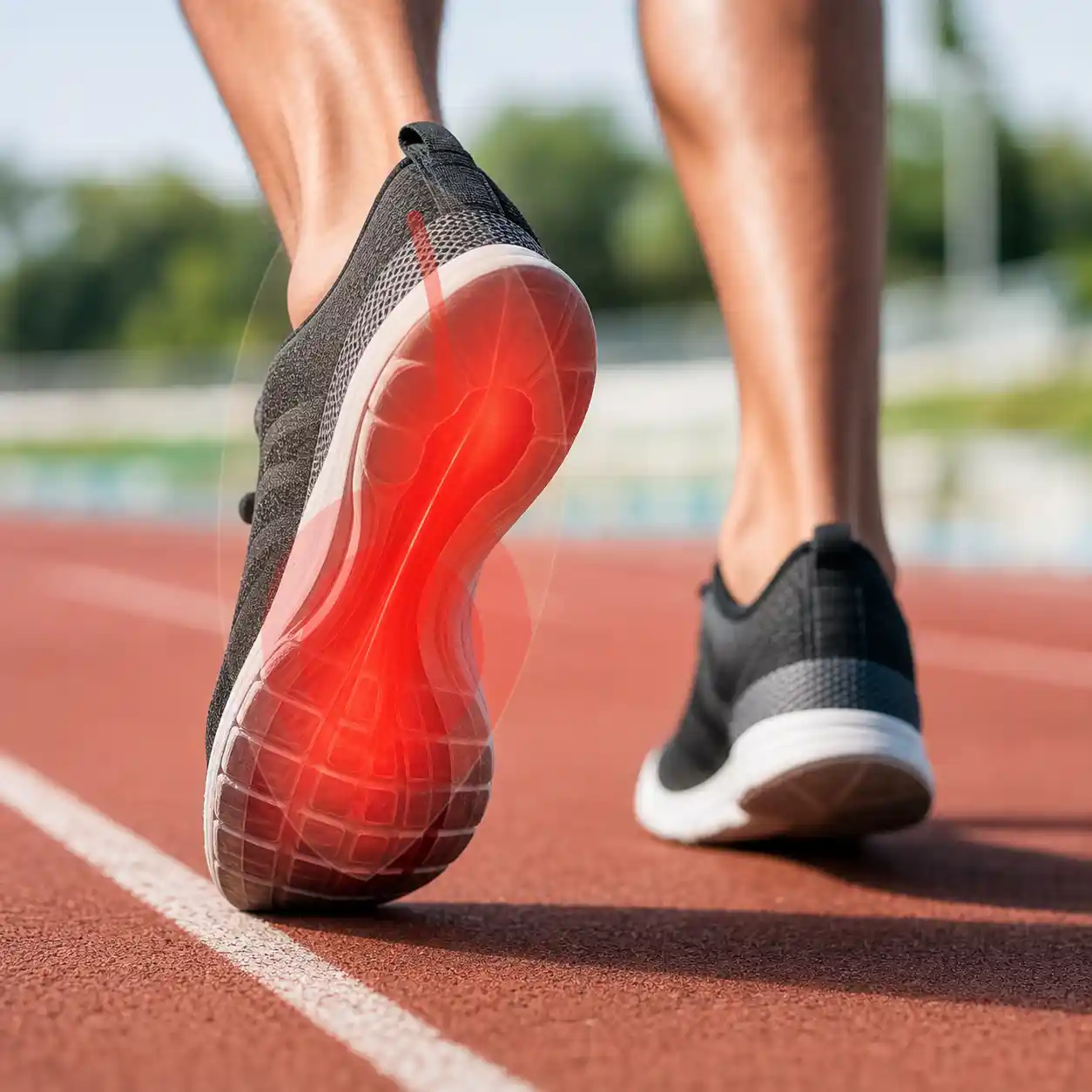 Runner with red heel pain highlight showing athletic stress on the foot