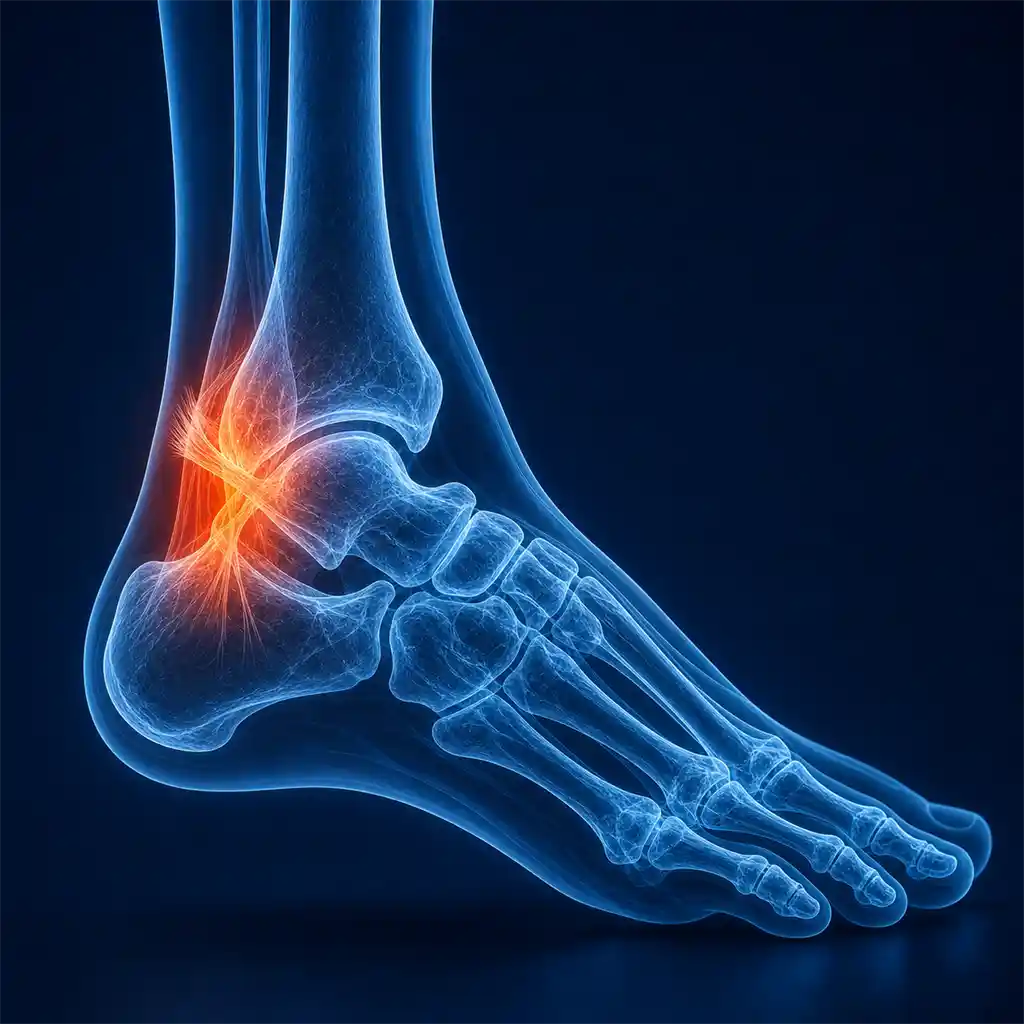 X-ray style visualization highlighting the injured ankle joint after a sprain