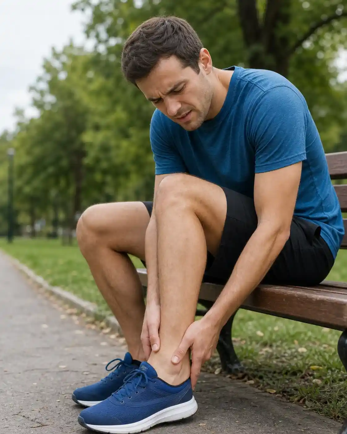 Worried runner seated on a bench holding a painful ankle after an injury