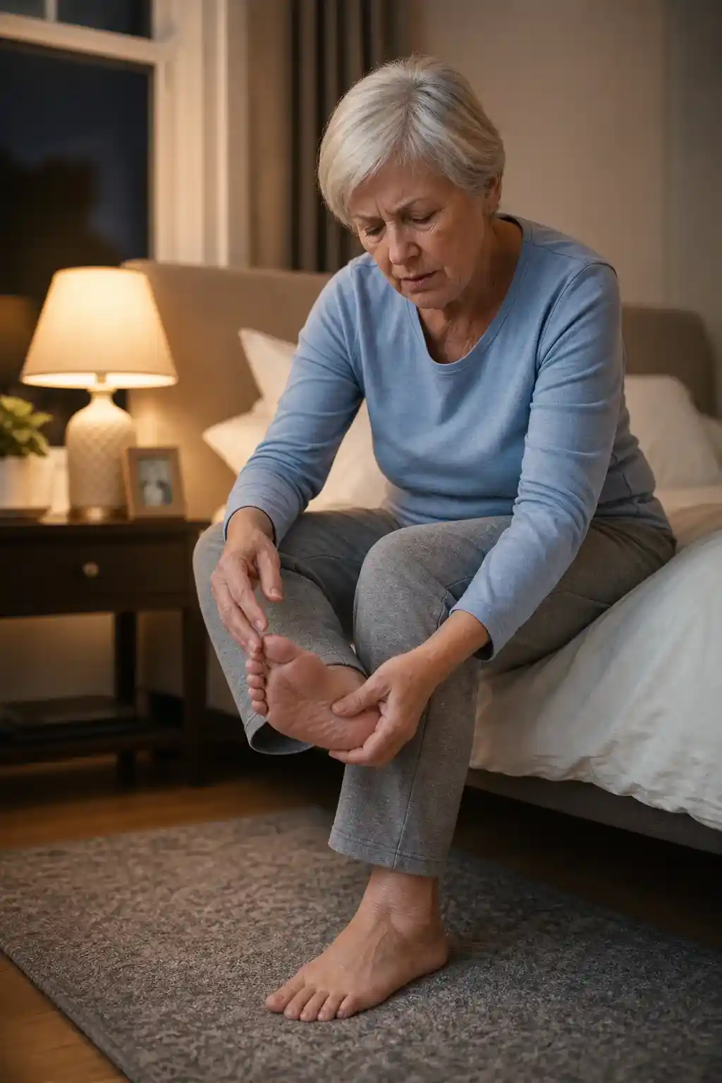 Worried older adult checking both feet because of numbness tingling or burning sensations