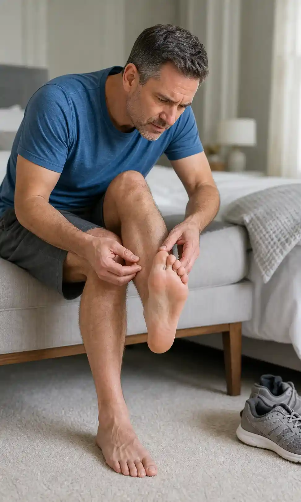 Concerned adult seated at home inspecting the painful sole of one foot