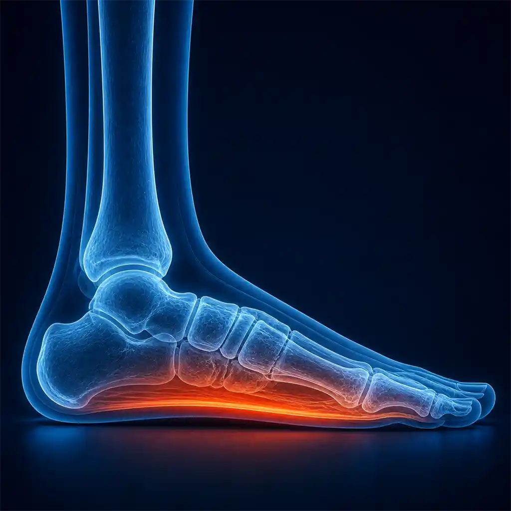 X-ray style visualization of a low arch and heel mechanics associated with heel pain