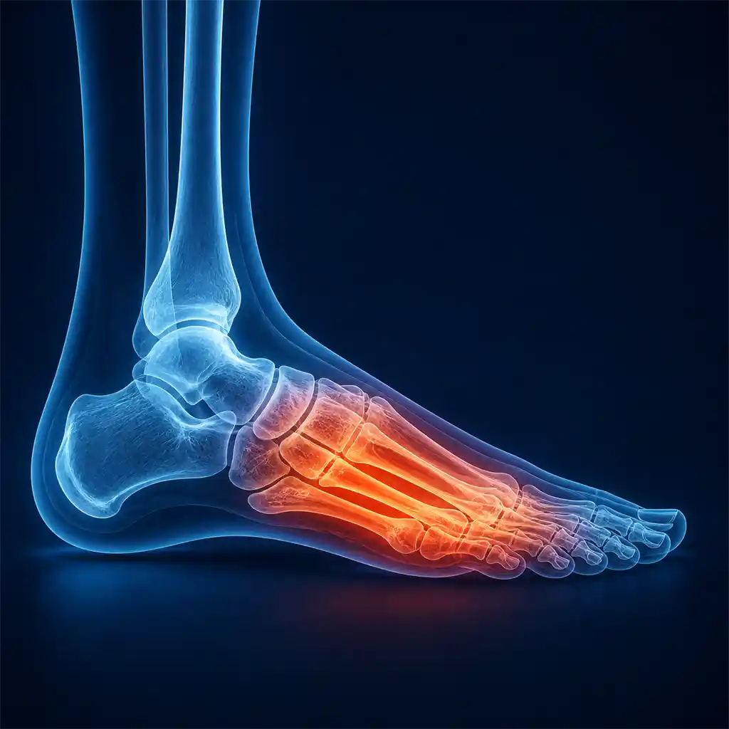 X-ray style visualization highlighting pain across the middle and front of the foot