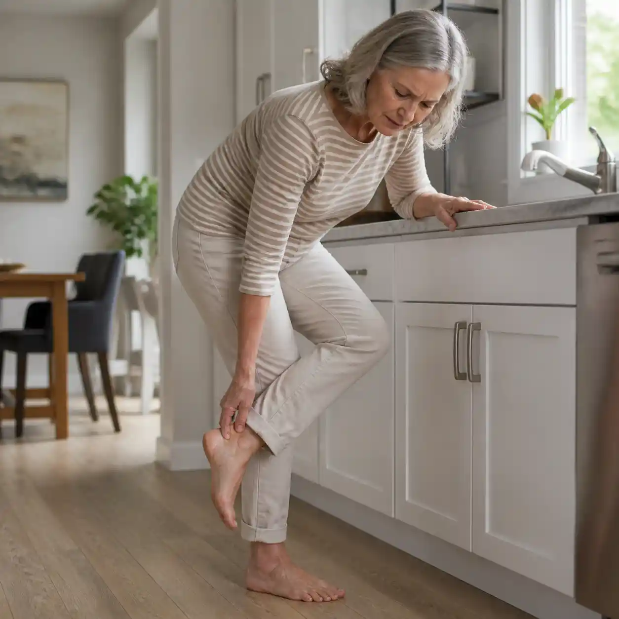 Woman at home holding her heel because of plantar fasciitis pain