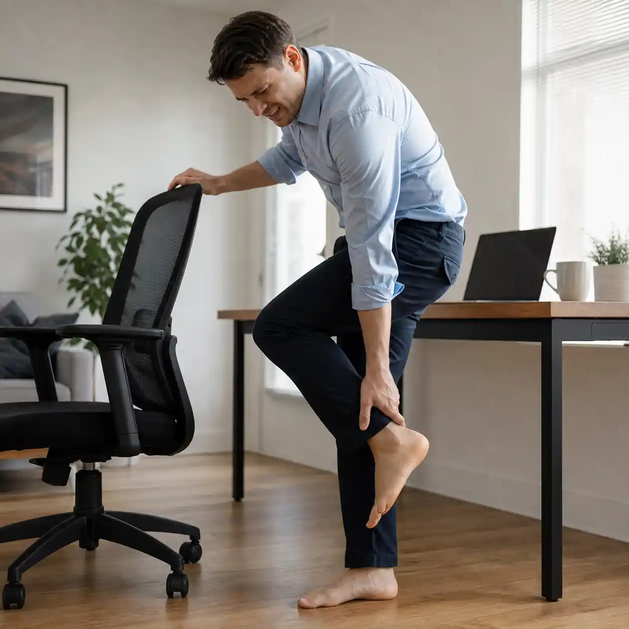 Man holding his heel at work because of plantar fasciitis pain