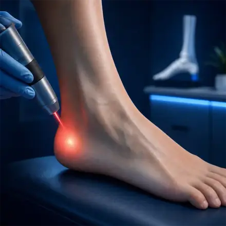Class 4 laser therapy being applied to a foot for pain and neuropathy treatment