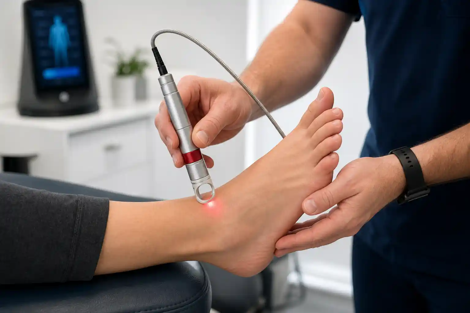 Clinician applying Class IV laser therapy to a patient's foot in a podiatry clinic