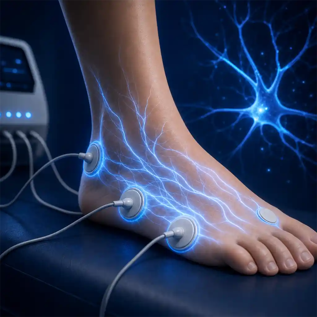 neoGEN electric cell signaling therapy applied to a foot for neuropathy support