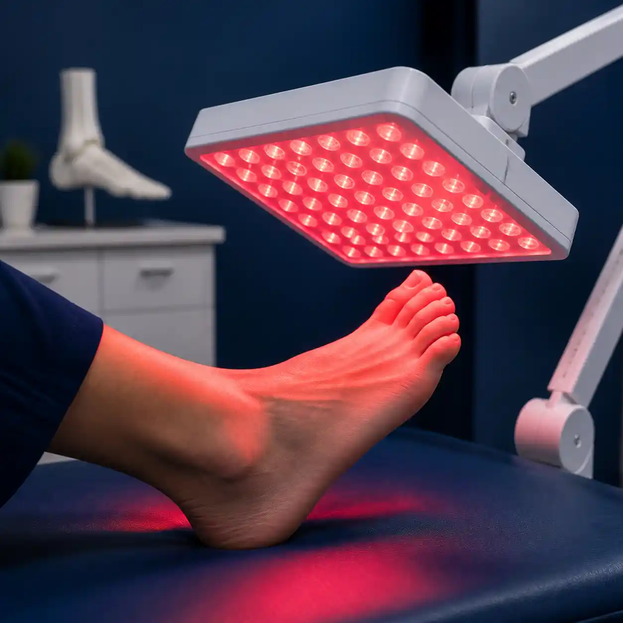 Foot receiving infrared light therapy from a professional LED treatment panel