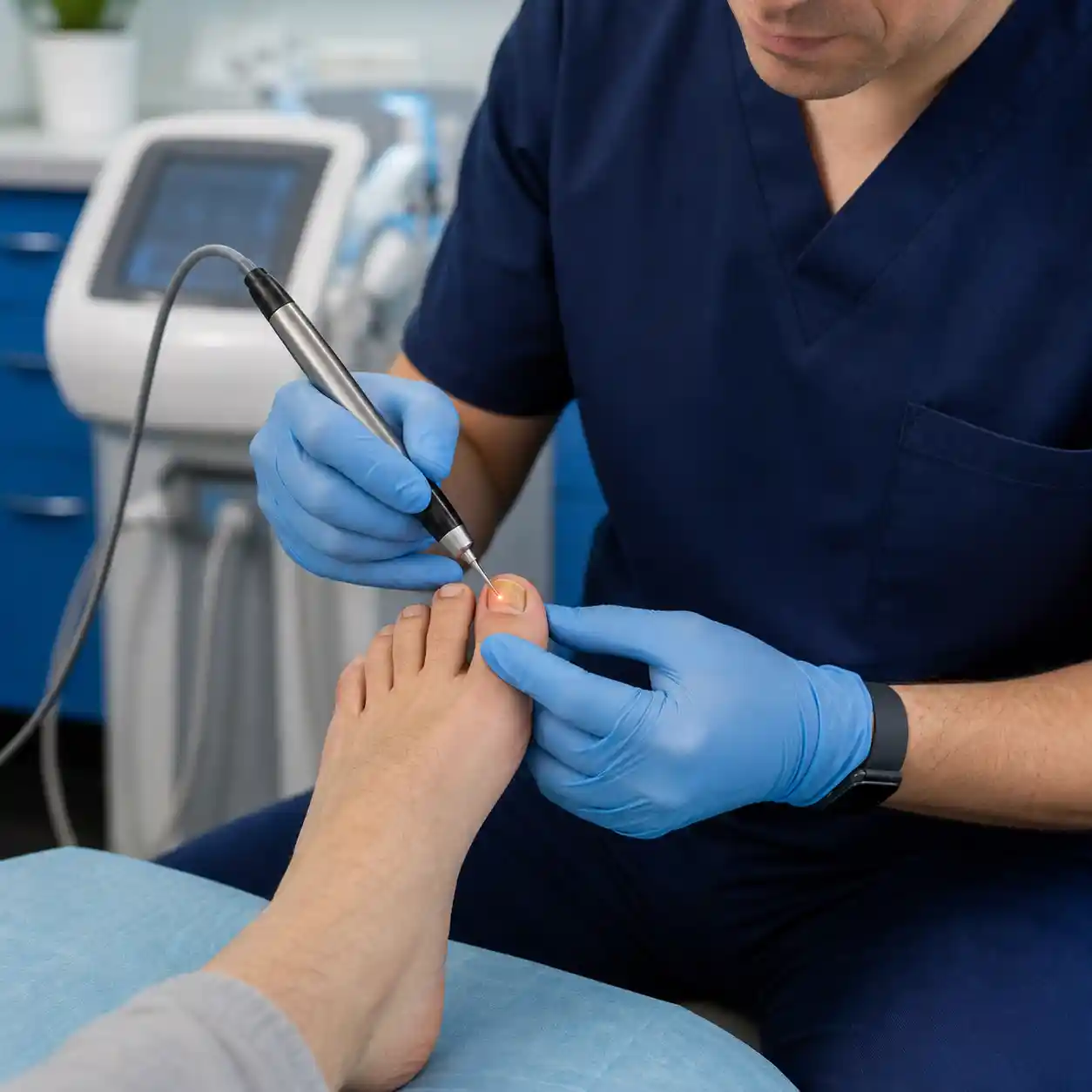 Podiatry clinician applying a precision laser to a fungal toenail in a clinical treatment room