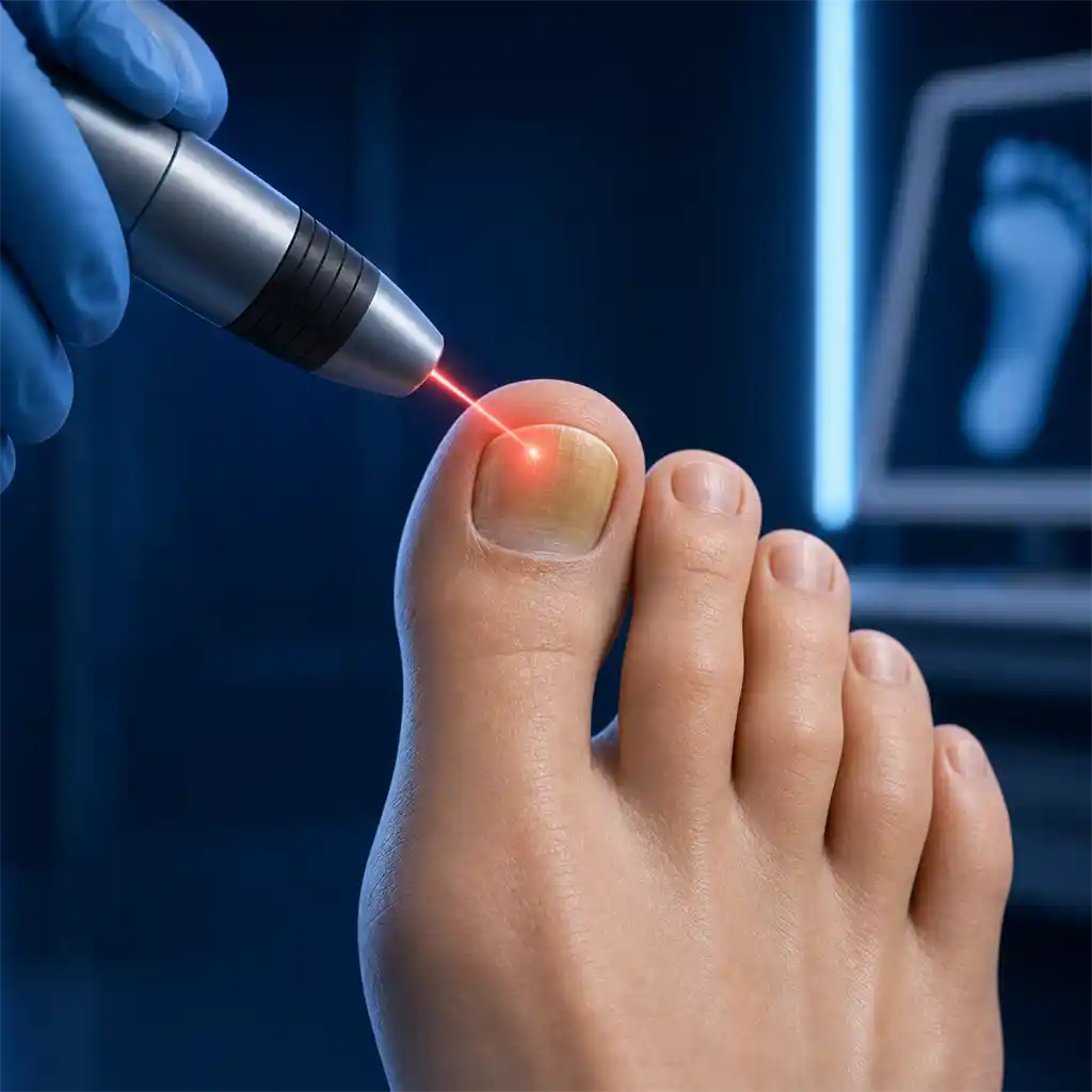 Laser fungal nail treatment applied to a toenail