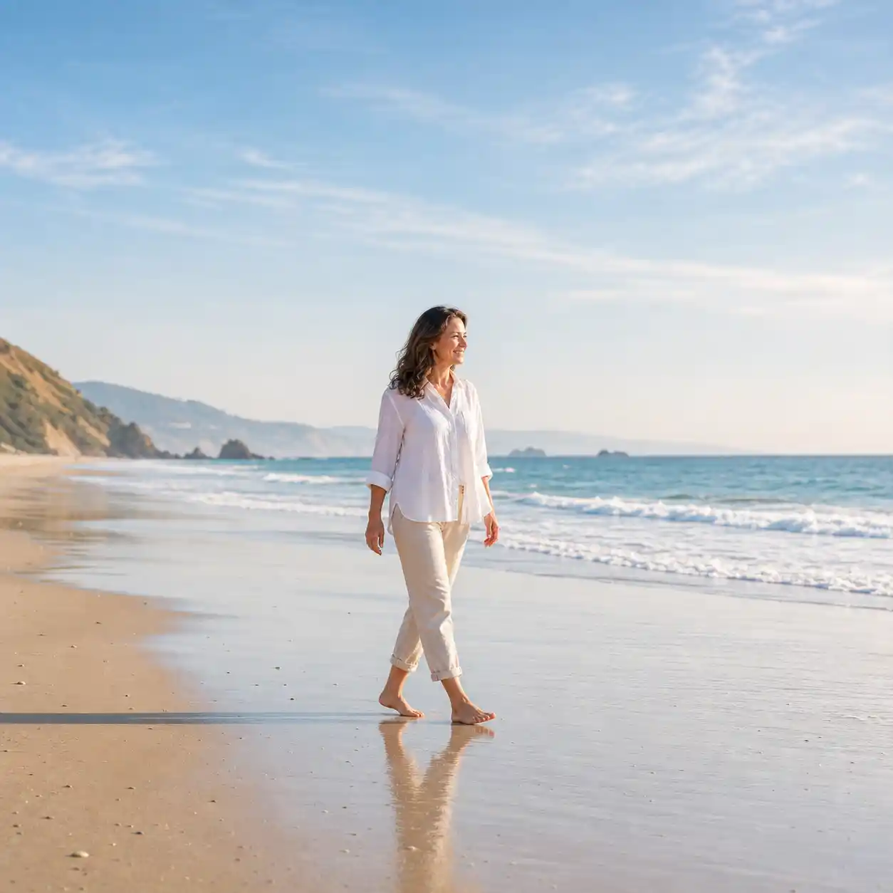 Woman walking barefoot along the beach with healthy, comfortable feet